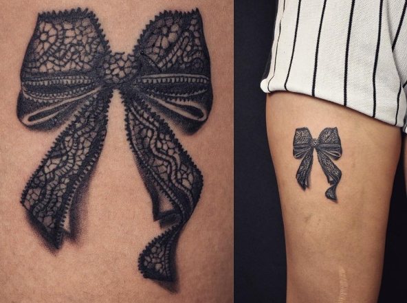 Lace bow on legs as a tattoo