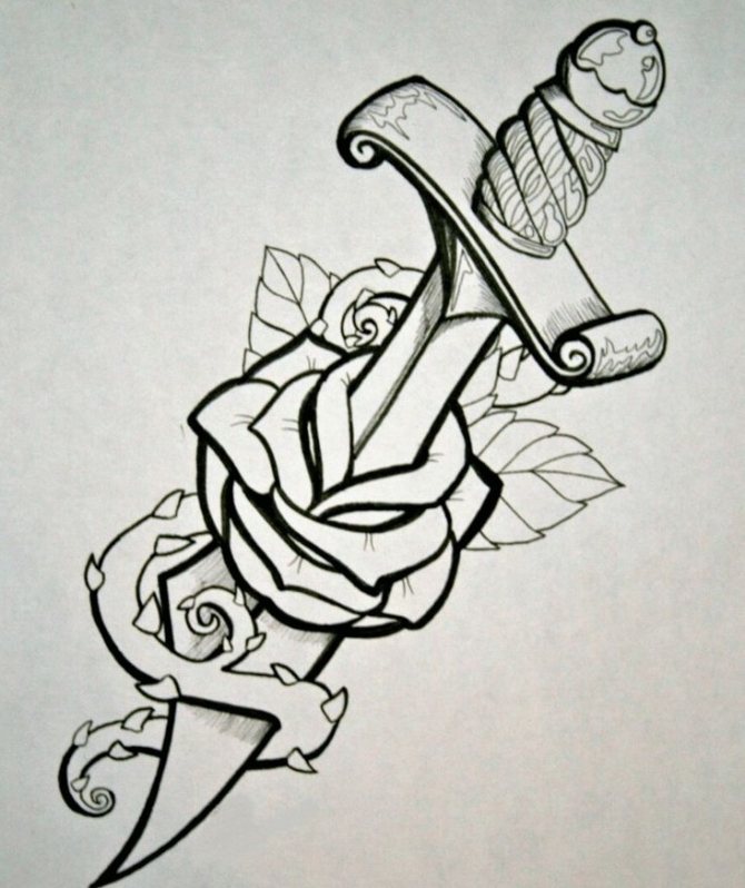 Sketch for a tattoo of a rose and a dagger