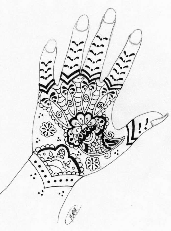 Sketches mehendi on the hand for beginners