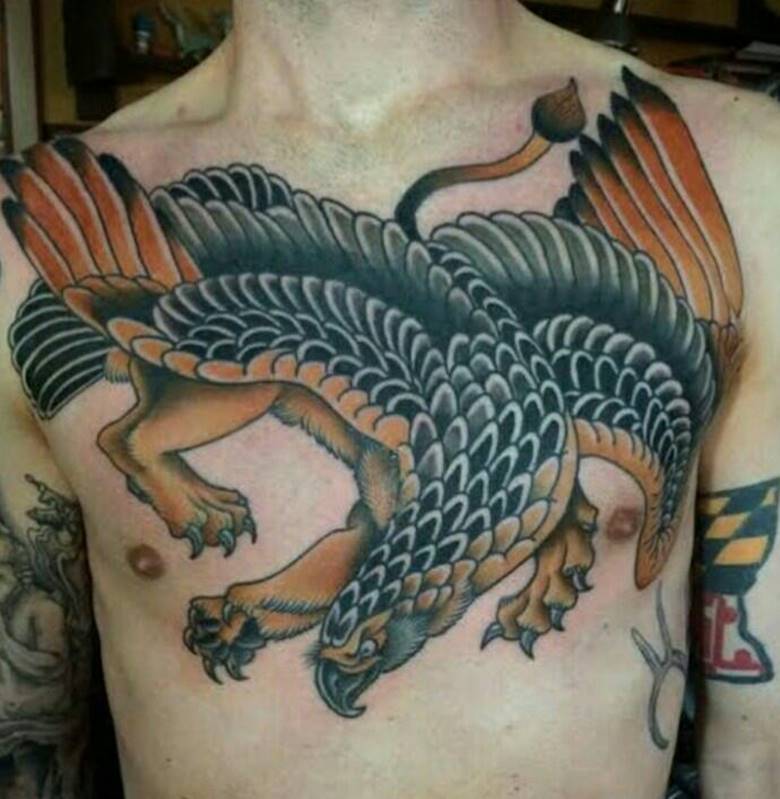 Gryphon on his chest