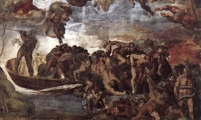 Charon unloading his boat. Fragment of a fresco of the Last Judgment by Michelangelo in the Sistine Chapel in the Vatican