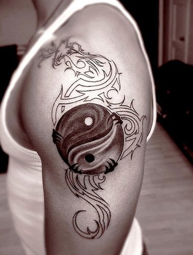Yin-Yang tattoo. What does it mean, sketches on the arm, neck, back, leg for two men and girls. Photo