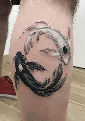 Yin-Yang tattoo. What does it mean, sketches on the arm, neck, back, leg for two men and girls. Photo