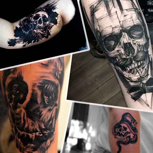 Collage photo with male skull tattoos on arms.