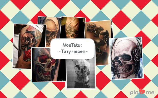 Collage of photos with male skull tattoos.