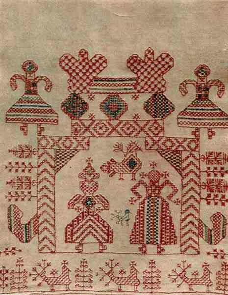 The end of the towel. Second half of the 19th century. Olonets Province, Kargopolsky District. Two-sided and double-sided sewing.