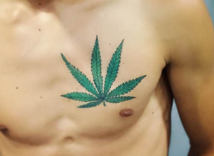 Leaf of cannabis on chest