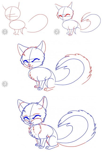 Drawing a fox in pencil for kids to sketch step by step from a fairy tale, fable, geometric shapes, symbols