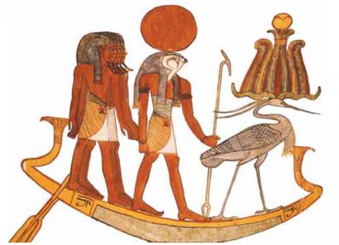 Sacred barque of the ancient Egyptians. Fragment of a wall painting
