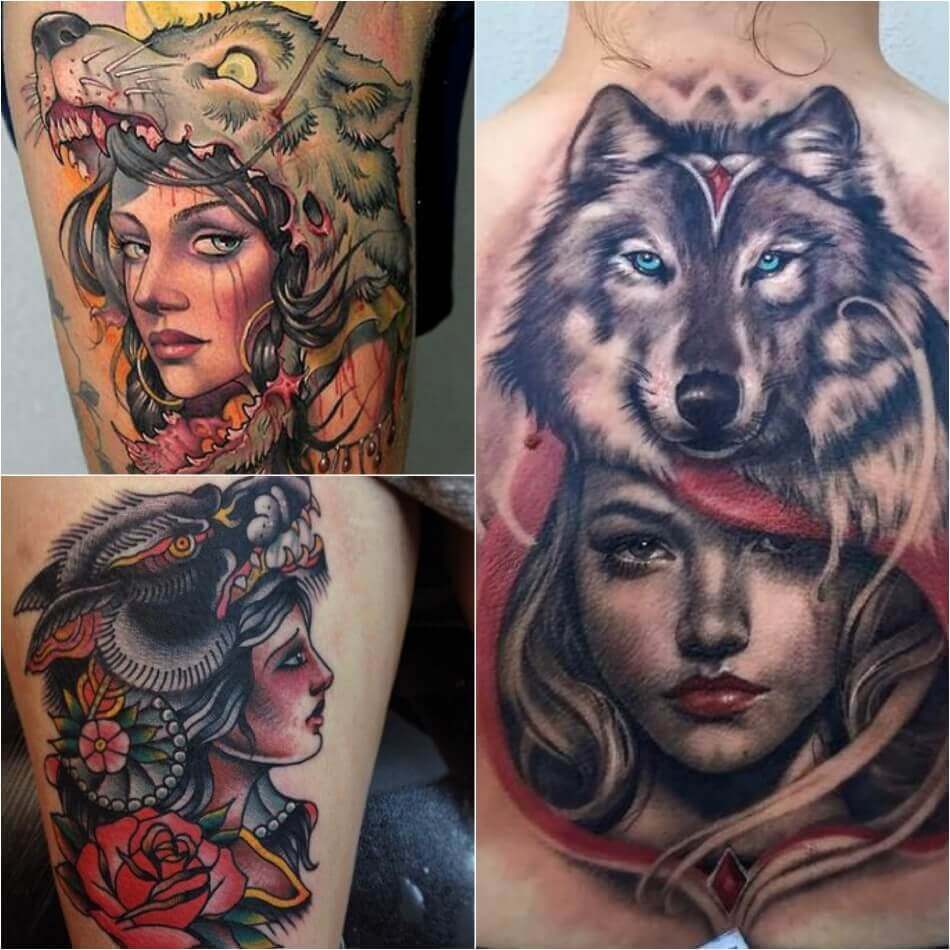 Tattoo girl - Tattoo girl in wolf skin - tattoo girl with wolf