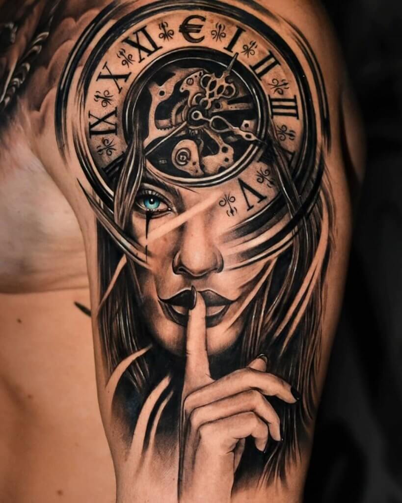 Tattoo of a girl with a clock on her shoulder