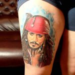 Tattoo of Jack Sparrow on the arm, back, shoulder. Photo, values