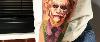 Tattoo of the Joker on the arm, forearm, leg. Sketches, photo, meaning