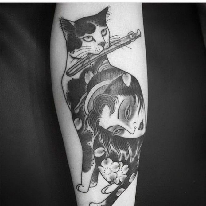 Tattoo of a black and white cat with a girl on her forearm
