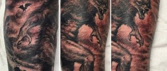Tattoo of werewolf on a guy's leg