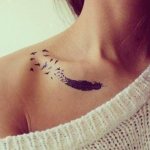Tattoo feather - meaning in girl with word, birds, peacock on leg, arm, wrist, stomach, neck, back, collarbone, on the side