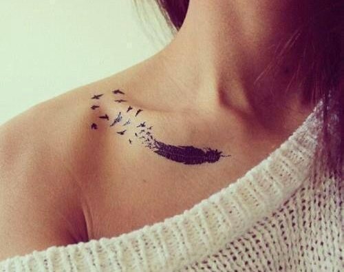Tattoo feather - meaning in girl with word, birds, peacock on leg, arm, wrist, stomach, neck, back, collarbone, side