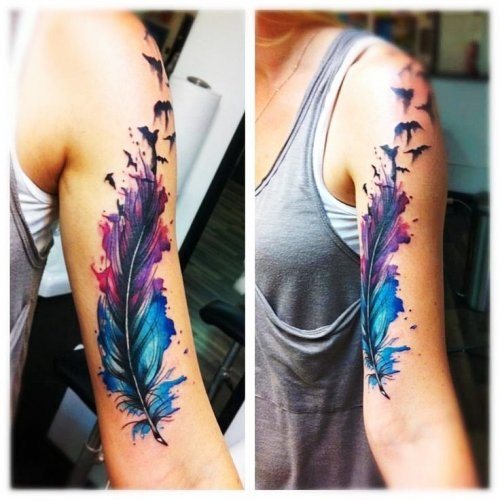 Tattoo of a feather - meaning in a girl with a word, birds, peacock on the leg, arm, wrist, stomach, neck, back, collarbone, on the side