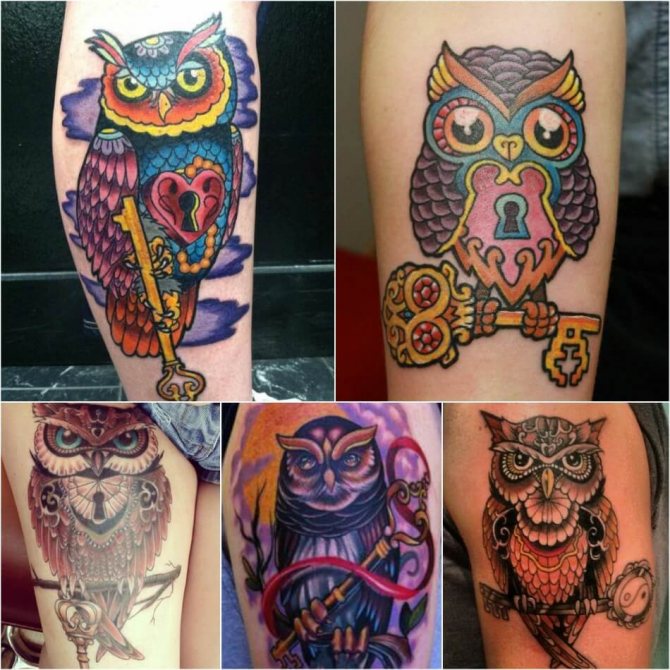 Tattoo of an Owl - Tattoo of an Owl with a Key - Tattoo of an Owl with a Key