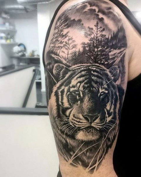Tattoo of a tiger in the woods