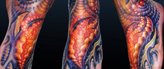Tattoo in the style of Bioorganic. Photos, sketches, meaning