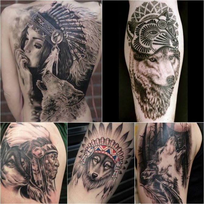 Tattoo Wolf - Subtlety of Tattoo with Wolf - Tattoo Indian Wolf - Tattoo Wolf with Feathers