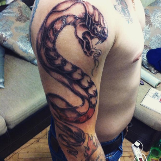 Tattoo snake with open snake jaws