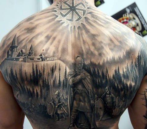 Tattoo of a goddess on his back