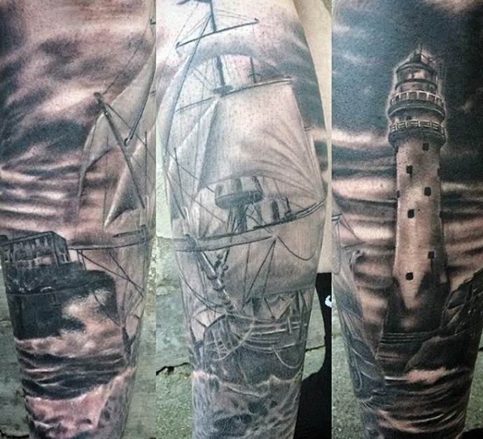 Three angles lighthouse and ship tattoo