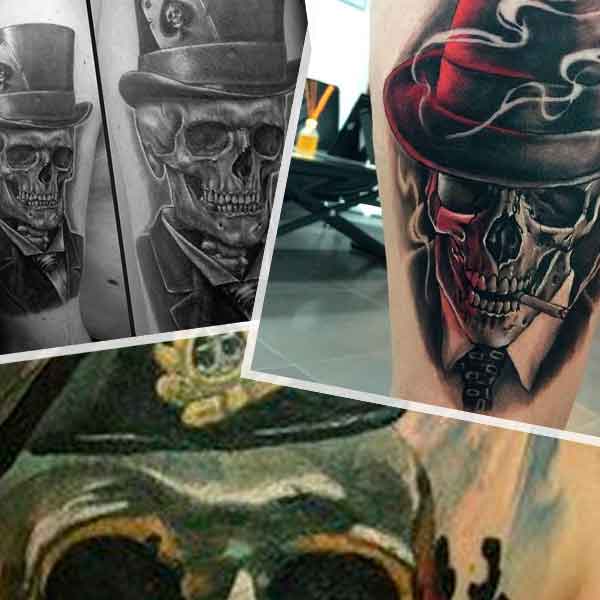 Skull in hat or beret tattoo options.