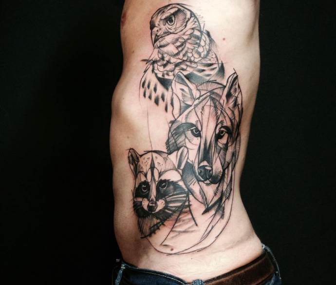 wolf, raccoon and owl tattoo
